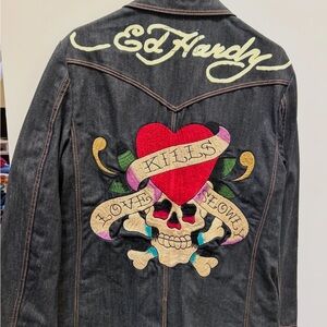 Ed‎ Hardy Vintage Denim Blazer Jacket – “Love Kills Slowly” Embroidery